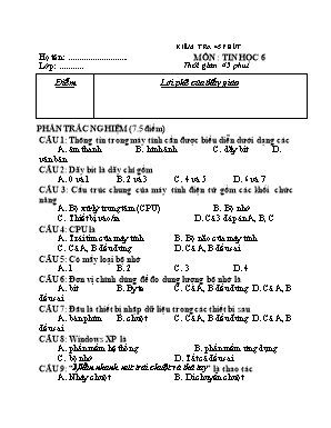 Đề kiểm tra 45 phút môn Tin học Lớp 6 (Có đáp án)